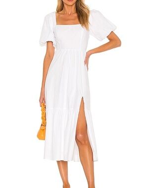 Astr White Square-Neck Midi Dress with Puff Sleeves and Side Slit
